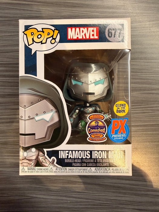 Funko POP! Marvel: Infamous Iron Man (GiTD) (2020ComicFest)(PX Previews)(Damaged Box) #677